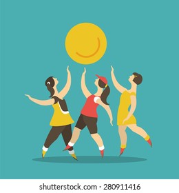 stylized characters children run each drgua play and have fun symbolizes childhood