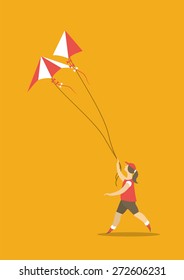 stylized characters girl runs with a rope in his hands in the sky hovering kite poster