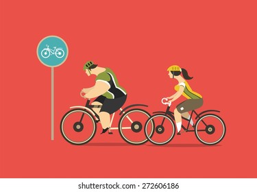 stylized characters group of cyclists, young men and women ride bikes