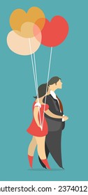 Stylized characters male and female go hand in hand a bunch of balloons in the shape of hearts of