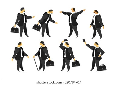 stylized characters a man in a business suit with a briefcase on a white background in various poses
