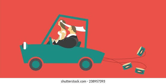stylized characters man and woman were married and ride in a car with tied cans