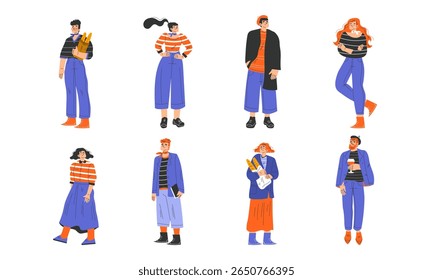Personagens Estilizados Apresentados em Ilustrações de Moda Contemporânea Destacando Tendências Modernas