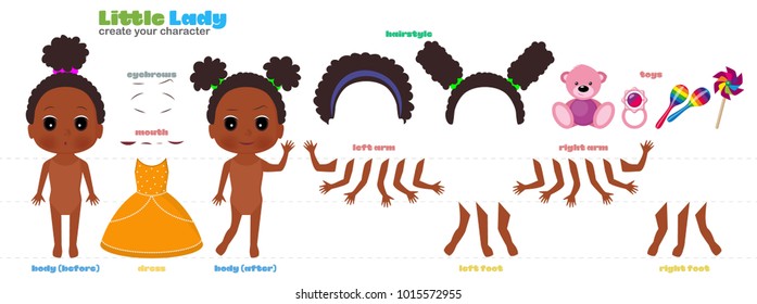 Stylized characters set for animation. Little African girl. Constructor from parts of the body. Sets of eyebrows, lips, hands, feet and hairstyles. Vector illustration.