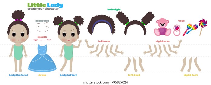 Stylized characters set for animation. Little princess girl. Constructor from parts of the body. Sets of eyebrows, lips, hands, feet and hairstyles. Vector illustration.