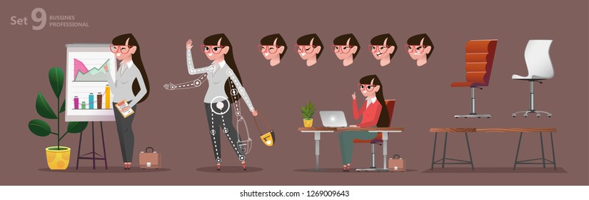 Stylized characters set for animation. Woman office professions. Set isolated parts body for using poses and constructing character design. Pretty girl in business clothes solves business problems