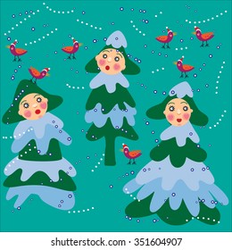 Stylized characters of singing Christmas trees. Vector illustration.