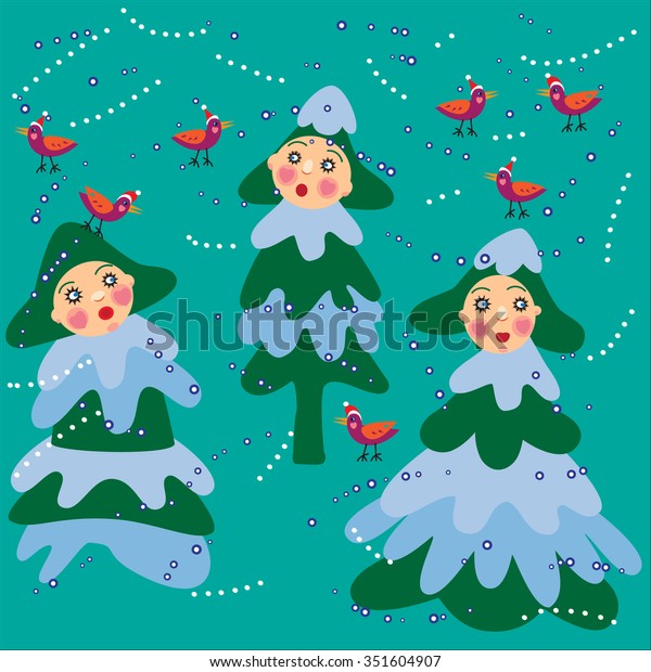 Stylized Characters Singing Christmas Trees Vector Stock Vector