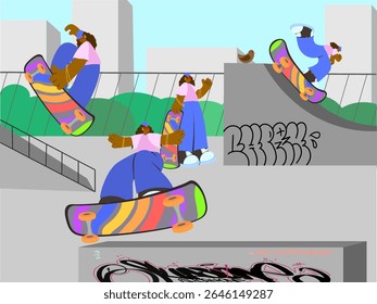 Stylized characters skateboarding in urban skatepark with graffiti ramp city buildings trees and concrete structures in flat colorful design