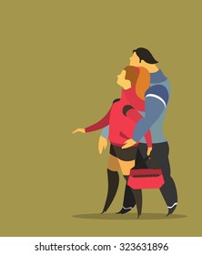 stylized characters young couple in love, man hugging woman's shoulders