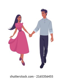 Stylized characters young couple walking holding hands. Vector illustration on white background