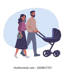 Stylized characters young family walking baby in stroller. Vector illustration on white background