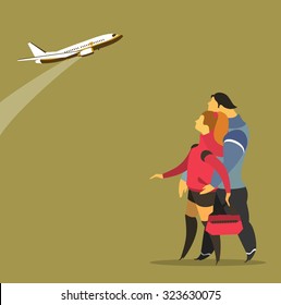 stylized characters, young people looking at a plane taking off