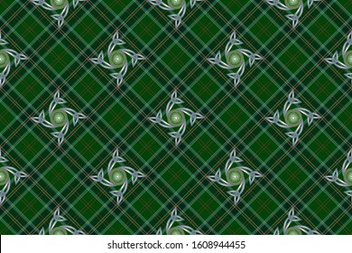 Stylized checkered background with patterns for prints, fabrics, designs, clothes. The basis of the background is the All Ireland Green Tartan