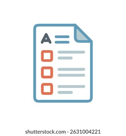 Stylized checklist document icon in graphic flat style with check boxes and lines. Modern design.