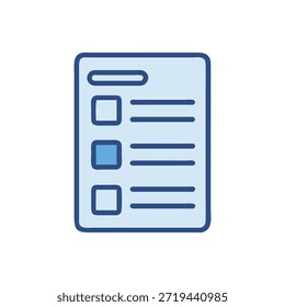 Gráfico de lista de verificação estilizado em azul claro e escuro, mostrando caixas de verificação e linhas, com uma caixa preenchida.