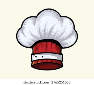 Stylized chef hat with red band and buckle. Unique culinary headgear illustration. Modern professional kitchen accessory.