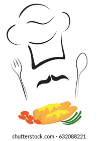 Stylized chef hat with sauced fish and vegetables