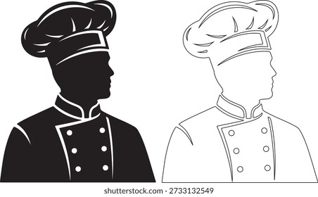 Stylized chef illustrations in black and white, showcasing uniform and hat details.