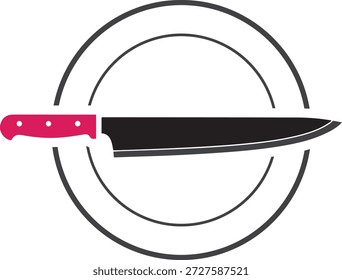 Stylized chef knife with pink handle and three white dots centered within concentric dark grey circles on a white background