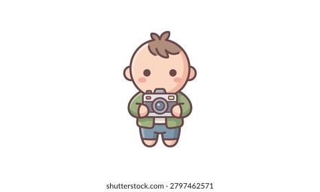 A stylized chibi character of a young boy wearing a green jacket and blue pants while holding a small camera in his hands