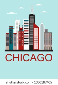 Stylized Chicago city travel background in bright colors. Vector