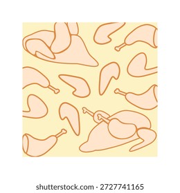 Uma carcaça estilizada de padrão de ilustração de frango mostrada de um lado, ossos das asas e pernas salientes.