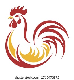 Stilisiertes Hähnchen-Logo mit kräftigen gelben und roten Farben