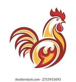Stilisiertes Hähnchen-Logo mit kräftigen gelben und roten Farben