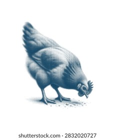 A stylized chicken rendered with a halftone dot pattern, captured in the act of pecking at the ground, showcasing a modern artistic interpretation of farm life.