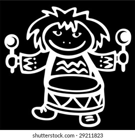 Stylized child with drum isolated on a black background.