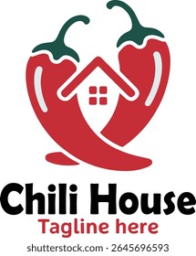 Stylized chili pepper logo; home-shaped design; red and green palette; bold, playful, and friendly mood; perfect for food businesses.