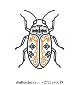 Escarabajo chino estilizado con patrones intrincados y acentos dorados, arte de línea de Vector aislado