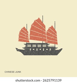 Stylized Chinese junk ship sailing. Flat retro icon. Vector Illustration
