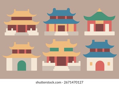 Stylized Chinese Pagoda Illustrations in Flat Design