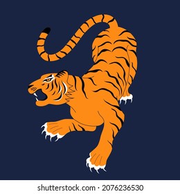 Stylized Chinese tiger illustration on a dark background.