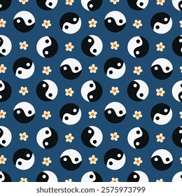 Stylized Chinese yin yang symbols with decorative flowers on blue vector seamless pattern design.