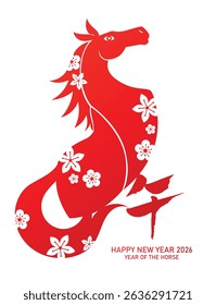 Stylized chinese zodiac horse in paper cut style with plum blossoms pattern. Chinese new year 2026 minimalist greeting card. Chinese text translation: "Horse"(zodiac).