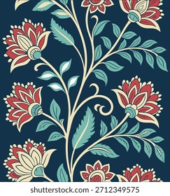 Patrón floral de Chintz estilizado sobre fondo azul oscuro
