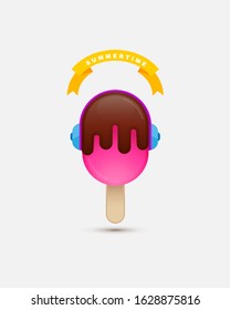 Stylized chocolate ice cream with headphones. Summertime poster design. Vector illustration.