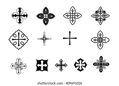 Stylized christian church cross, christian religious symbol vector set, illustration isolated on white background