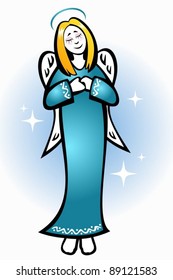 Stylized Christmas angel with stars on a blue background.
