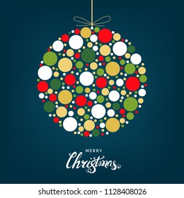 Stylized Christmas ball with bright holiday pattern made of colorful circles. Xmas tree decoration. Geometric flat vector illustration for greeting card, invitation.