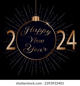 Stylized Christmas ball with text.Stylized vector illustration of Happy New Year 2024 on a black background.
