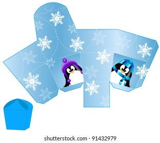 stylized Christmas box with penguin blank template