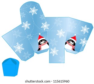 stylized Christmas box with penguin santa blank template