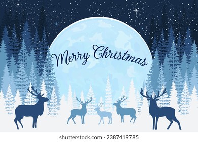 Stylized Christmas card with deer.Christmas trees and deer in stylized Christmas and New Year vector illustration.