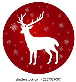 Stylized Christmas deer decorated with snowflakes isolated on red background in circle shape