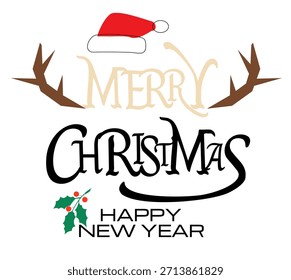 Un diseño de Navidades estilizadas con las palabras Feliz año Nuevo Navidades feliz con astas de reno y un sombrero de Santa. El gráfico incluye una ramita de acebo y se presenta sobre un fondo blanco limpio