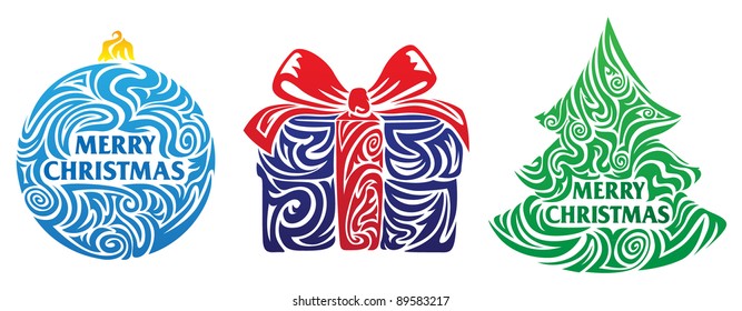 Elementos de Navidad estilizados: bola de Navidad, regalo, árbol de Navidad